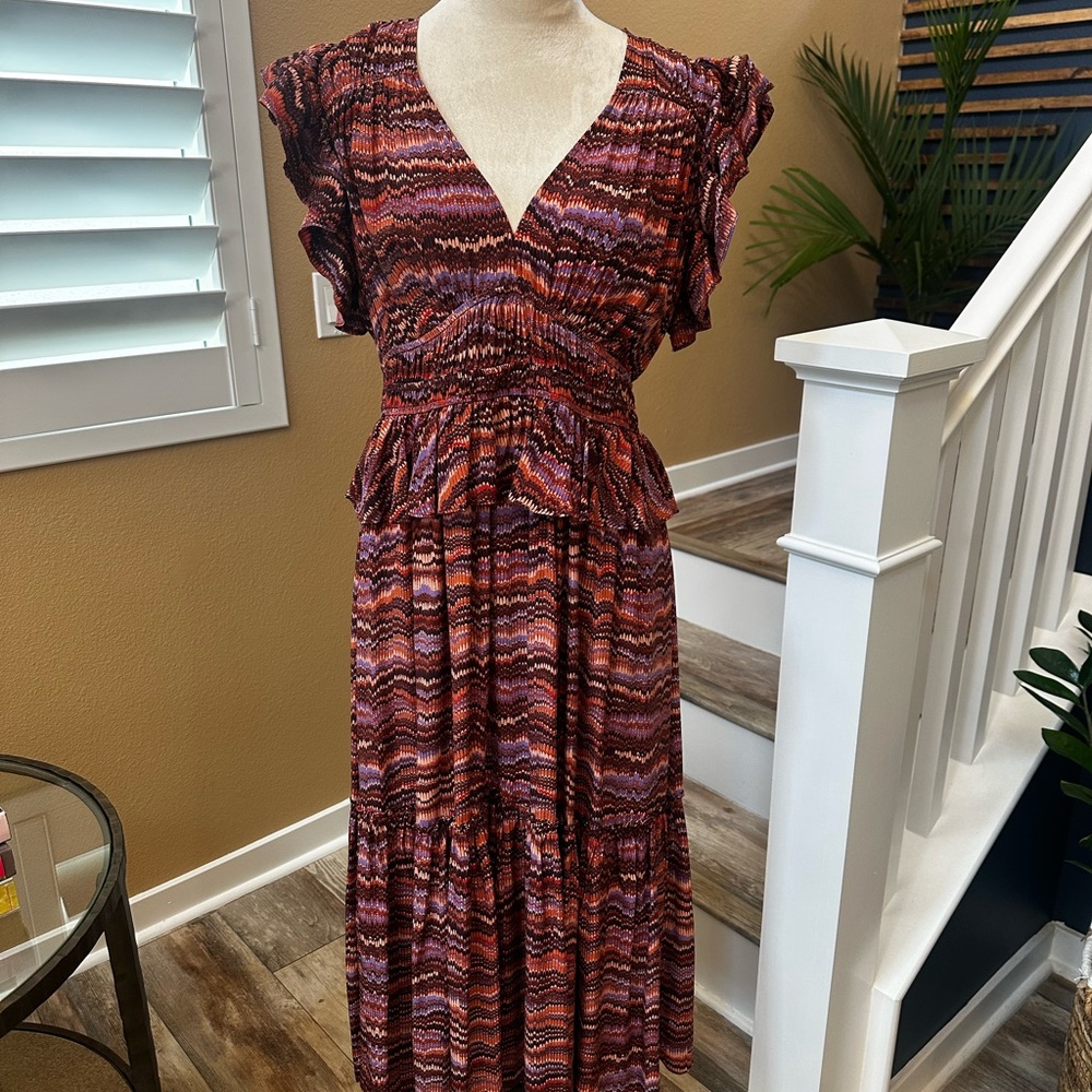 Ulla Johnson Red and Brown Maxi Sundress with Flutter Cap Sleeves